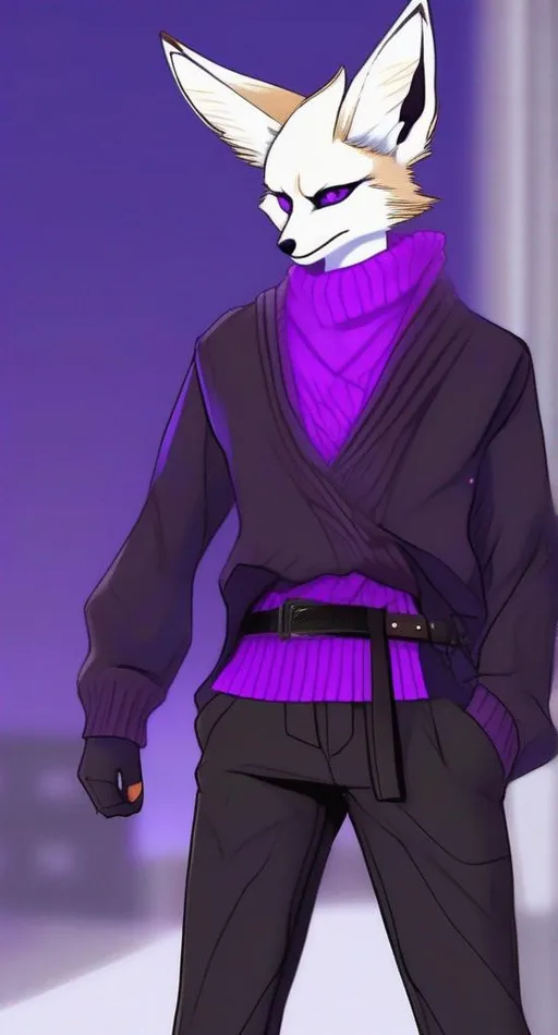 Prompt: purple punk hair, purple fennec fox, purple eyes,  dark brown long sweater with sleeves, black pants with a black belt