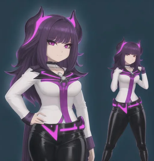 Prompt:  Oc purple hair large ,full body , black school/purple clerk outfit , 8k  ,futuristic look 