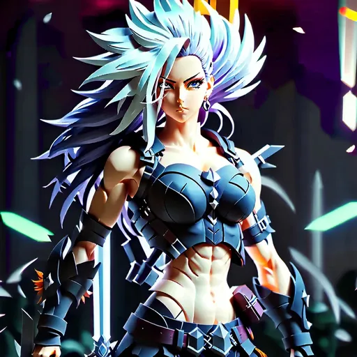 Prompt: Anime-style, vibrant transparent glass sculpture of a Nordic Victorian Divine woman with Swords and Hammers, intricate details, surreal, colorful background, high-res, ultra-detailed, anime, surreal, vibrant colors, detailed sculpture, Norse mythology, Victorian, divine, transparent, swords, hammers, intricate design, surreal Nordic background, professional, colorful lighting, armor flush on Body with perfect autonomy body shape,