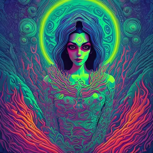 Prompt: Hypnotic illustration of  norooz ali dayyani , hypnotic psychedelic art, pop surrealism, dark glow neon paint, mystical, Behance 