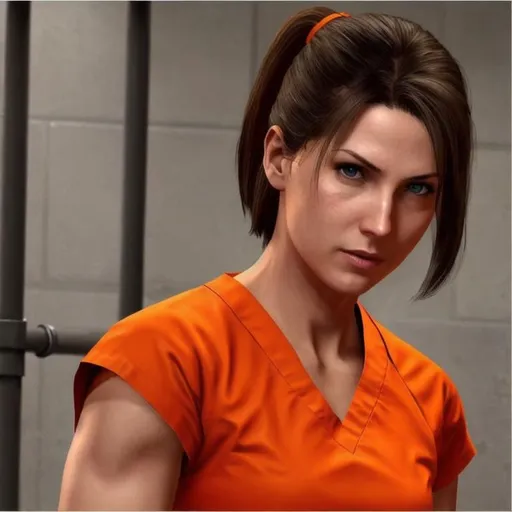 Prompt: jill valentine in prison wearing orange scrubs prison uniform