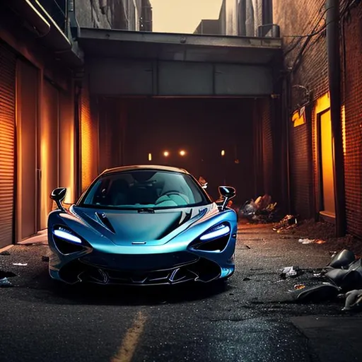 Prompt: McLaren 720s, in a dark forgotten trash filled alley way, no light coming in, with trash flying around, in the crack of dawn