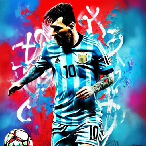 a colorful artwork of Lionel Messi wearing Argentina... | OpenArt