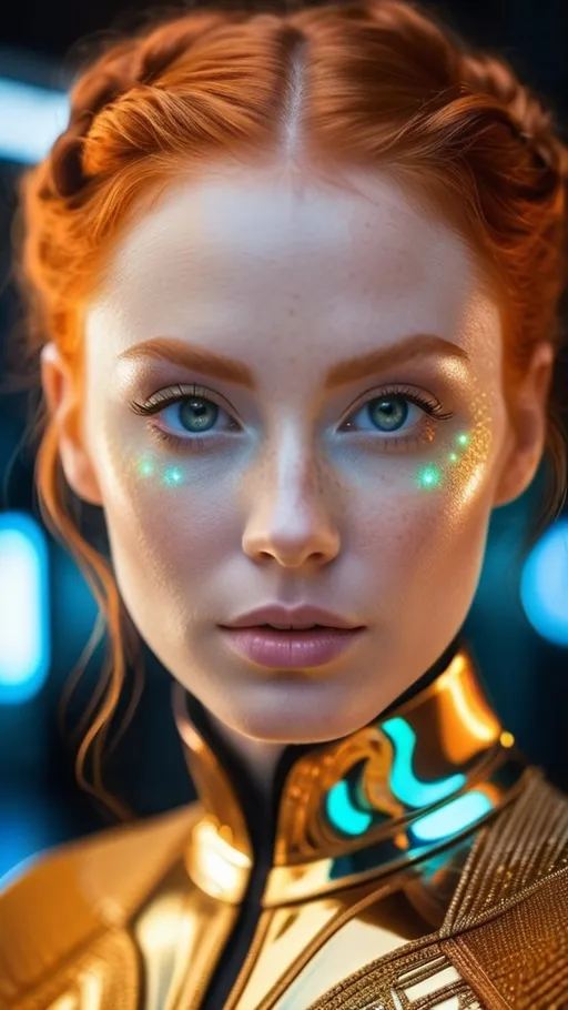 Prompt: RAW Photograph, closeup of a beautiful ginger woman who lives in a vast galactic empire in a distant future, stunning eyes that pierce your soul, wearing elegant clothing with luminescent detailing, colorful, highly detailed skin with visible pores, she holds secret knowledge about the fundamental nature of reality, specular highlights, future technology, cosmic motif, minimalist composition, insane intricate detail, award winning art, raytracing, sharp focus, 8k, hdr, masterpiece, photography, dslr, kodachrome, 35mm photograph, analog film, professional, highly detailed
