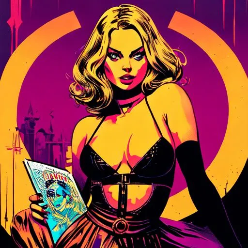 Prompt: Margot Robbie in Hell by Ralph Steadman and Francesco Francavilla and Faith Ringgold
