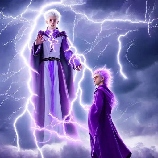 Prompt: a young, white, purple-haired mage of the storm, holding lightning at his fingertips, his purple robes, accented with cyan, engraved with mystic runes