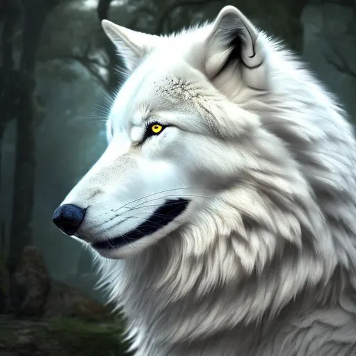 Prompt: Fantasy companion creature majestic white wolf with beautiful blue eyes, beautiful
woodlands, butterflies