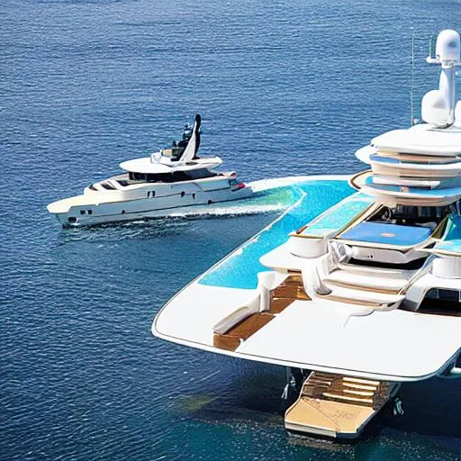 Prompt: Big yacht on water with pool and helicopter landing pad 
