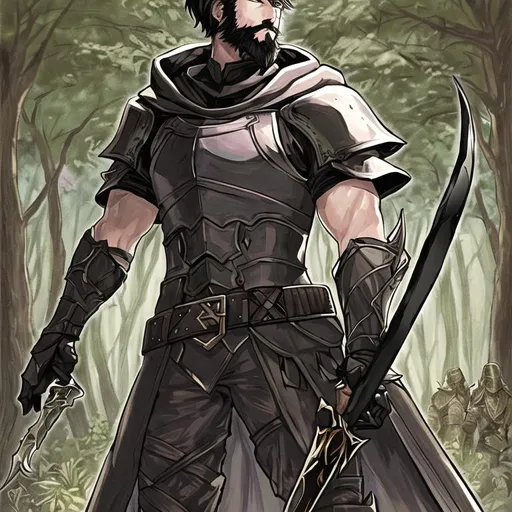 Prompt: male human knight, short Black Hair, armer, in the Woods, D&D, short beard, holding a sord, black clock with hood