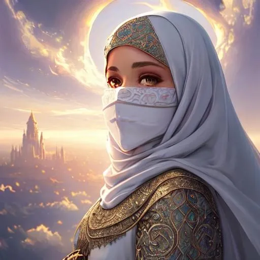 Prompt: hyperdetailed intricate enigmatic, a lot of glowing clouds floating in the air, hyperdetailed intricate enigmatic, masterpiece intricate hyperdetailed beautiful muslim girl, white silky hijab, beautiful silk white niqab, hopeful, dreamy, fantasy, brown sparkled eyes, scenic view space with very wide angle, colorful glamorous sunshine, WLOP, Greg Rutkowski, 128K resolution,