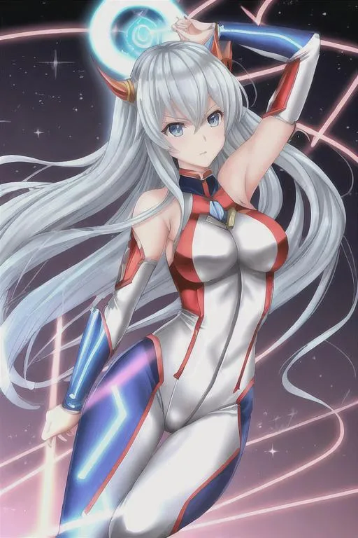 Prompt: Female Ultraman is one of the characters in the Ultraman series. She is tall and usually wears orange tights with a blue body. She has blue eyes, long blond hair, two pointed ears on her head, and two horns. Her hands can emit powerful energy beams, which can easily defeat monsters in battle. Although the female Ultraman has great power, she is also very gentle and always full of care and love for human beings.