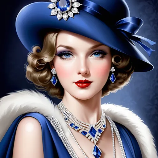 Prompt: Glamorously dressed lady of rhe 1930's wearing sapphire jewelry