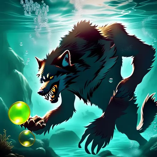Prompt: Werewolf swimming underwater while blowing out bubbles