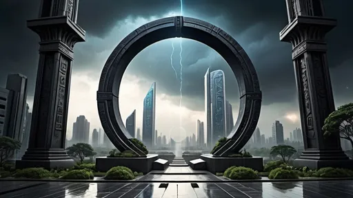 Prompt: magical portal between cities realms worlds kingdoms, circular portal, ring standing on edge, upright ring, freestanding ring, hieroglyphs on ring, complete ring, ancient babylonian architecture, gardens, hotels, office buildings, shopping malls, large wide-open city plaza, panoramic view, dark stormy night, stormy sky, rain, futuristic cyberpunk tech-noir setting