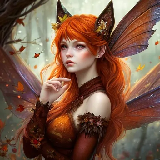 Prompt: Autumn fairy with coppery red hair and foxy ears. Female human face, beautiful simetric face, eyes color amber, the female wearing a deep red dress, realistic, fantasy art