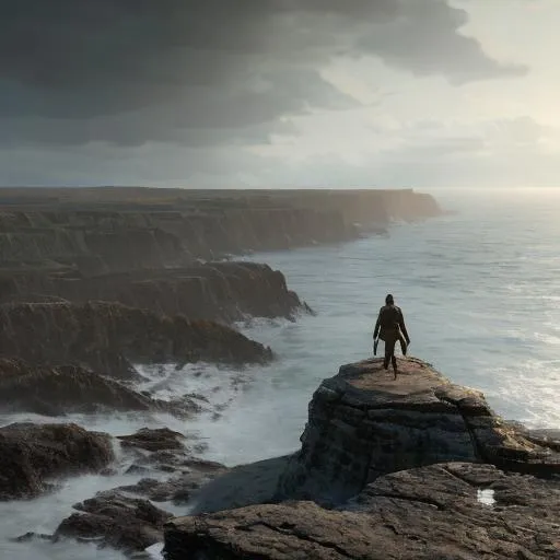 Prompt: A person standing on a cliff overlooking a dark, turbulent sea. As they face the horizon, their eyes are full of resolve. Behind them, the last rays of sunlight are fading, casting long shadows on the ground. This image represents the idea of confronting one's fears and the inevitability of facing the darkness.