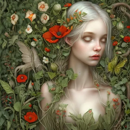 Prompt: "Forest nymph, blonde hair, poppies, green ivy, intricate, detailed, surreal, white background, Christian School"