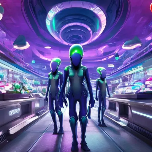Prompt: squid security guards in a busy alien mall, widescreen, infinity vanishing point, galaxy background, surprise easter egg