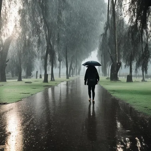 Prompt: Person walking on rain between trees
