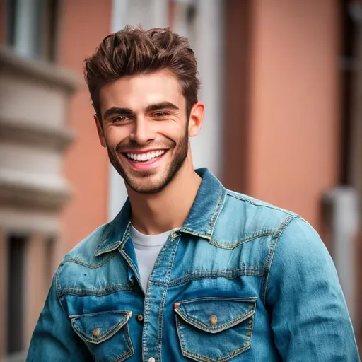 Prompt: realistic photo, male, handsome, smiling, blue eyes, italian ethnicity, blue jean jacket, green shirt