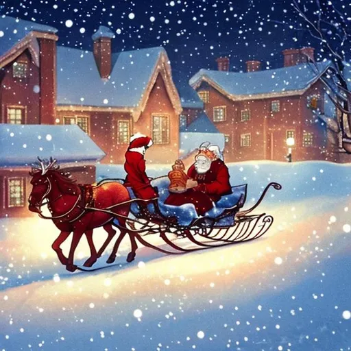 Prompt: "On Christmas Eve, Noel joyfully rides his sleigh over snow-covered rooftops, bringing festive magic under the twinkling midnight stars