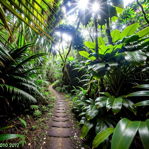 Prompt: Photo realistic,  As I trekked deeper into the jungle, the vegetation became thicker, and the path less clear. I had to use all of my senses to navigate the terrain, carefully stepping over roots and avoiding the sharp thorns of the plants that lined the way. The lush foliage was so thick that it blocked out the sun, creating a twilight world where every step could lead to a new discovery.