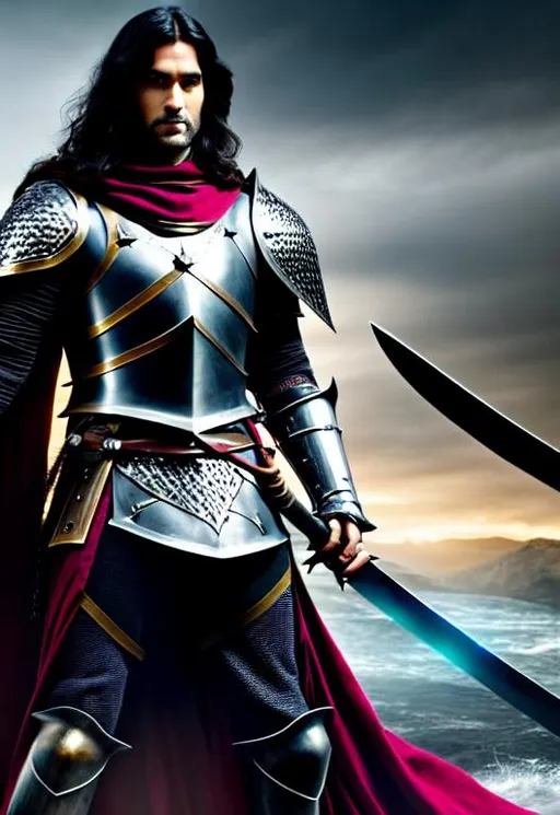 Prompt: HDR, UHD, 8k, High Detail, full body pose, male knight with a sinister smirk, the knight has long dark hair is standing in black plate mail darker than anything known to man, the knight is standing in a stream of blood holding a Crusader's sword with a golden cross gaurd and obsidian black blade, the stream is flowing through the middle of a large kingdom, the kingdom is on fire, beyond the kingdom is a mountain shrouded with smoke, above the mountain a blood red moon hangs over the landscape, Medevil environment,