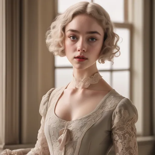 Prompt: Regency era of a petite woman with short curly white bob hair, pale complexion, intricate lace details on attire, soft and vintage color palette, delicate features, high quality, oil painting, historical, elegant, detailed lacework, petite stature, vintage style, soft lighting inspiration modeled after Phoebe Dynevor features 