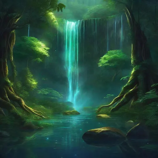 Prompt: Envision a glowing waterfall in a lush forest. Fantasy, another dimension