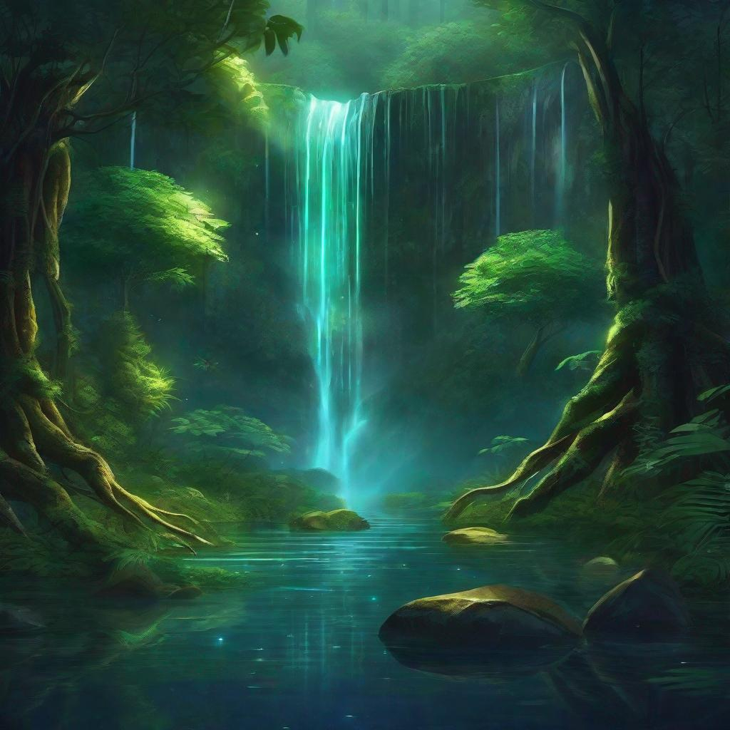 Envision a glowing waterfall in a lush forest. Fanta...