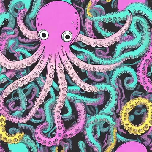 Prompt: Multicoloured spraypaint background with blak line drawing multiple cartoon octopus

