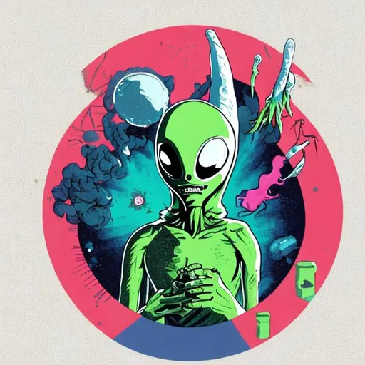 Prompt: alien, high on drugs, smoking cigarette, design, art, in a circle, white background

