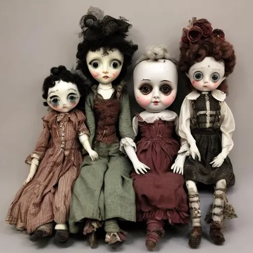 Prompt: Antique dolls in the style of Tim Burton 