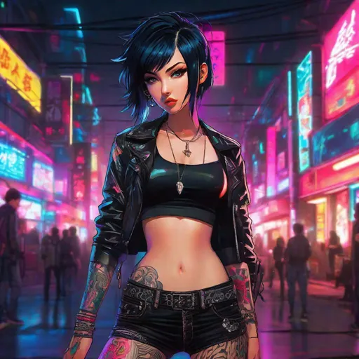 Prompt: anime artwork A photo of a punk-inspired, edgy-looking young woman with a slender frame, black hair, wearing dystopian fashion, low-rise pants, a revealing crop top, showing off her midriff and adorned with intricate tattoos, captured in a neon-lit Neotokyo suburb. . anime style, key visual, vibrant, studio anime, highly detailed