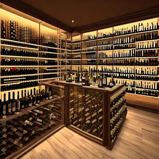 Prompt: Create a super premium luxury store design of a 1000 square feet liquor store with special design elements to keep expensive wines, single malts and have a unique design facade