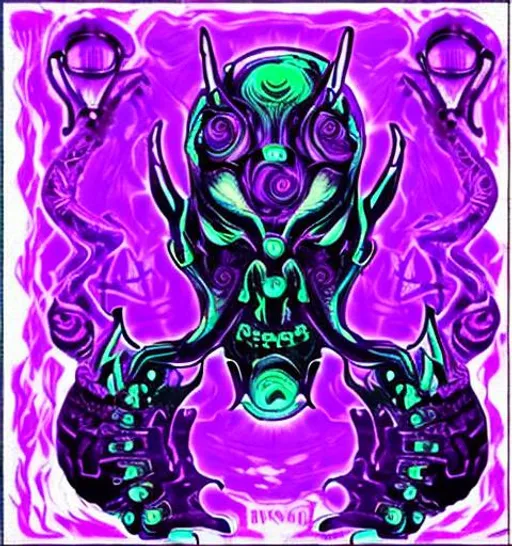 Prompt:  dark souls style with cyberpunk effects in purple and green psychdelic swirls add menacing teeth