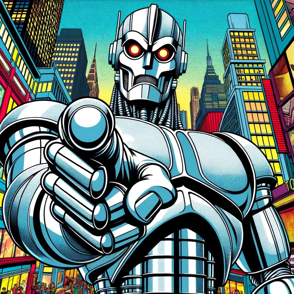 Prompt: Comic art illustration of a towering silver robot making eye contact with the viewer. The comic style emphasizes bold lines and vibrant colors, with the background showcasing a bustling metropolis.