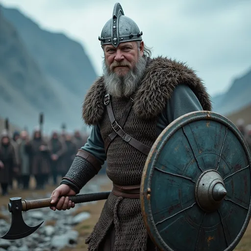 Prompt: A highly detailed, realistic photograph of @aCEmOVUKz3OPpYx94Q2R as a fierce Viking warrior striding forward. He is clad in rugged chain mail armour adorned with intricate Norse patterns and a helmet with a nose guard, showcasing his muscular build. In his left hand, he grips a large, round shield emblazoned with a bold emblem, while his right hand is raised, holding a gleaming battle axe poised for action. He is dirty and blood-stained. The background features a misty Nordic landscape with rugged mountains and a stormy sky, casting dramatic shadows across the scene. The lighting emphasizes the warrior's determined expression and the texture of his weathered skin, creating a powerful atmosphere of impending battle.