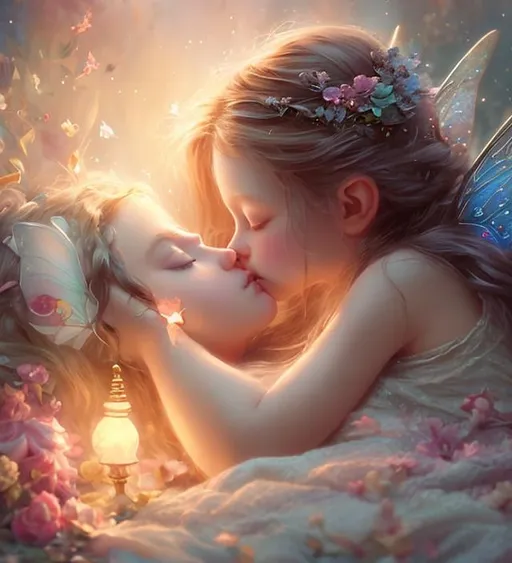 Prompt: Fairy kissed girl in her dream when she's sleeping in cozy bedroom, soft light, oil splash, dramatic effect, cinematic, magical, fae, concept art, mid shot, intricately detailed, color depth,
