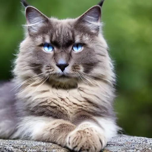 Prompt: a large fluffy cat in the forest with tan fur and blueish brindle, light blue eyes, a happy expression, half of his lower body is blueish