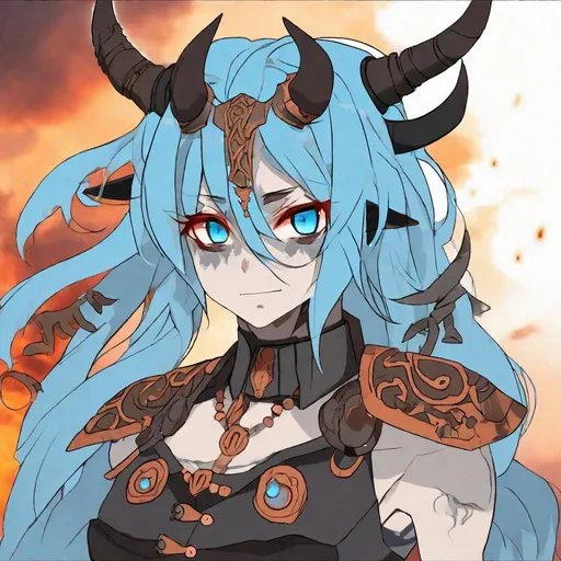 Prompt: Your OC is a massive withered minotaur, with fiery sky blue eyes. They identify as female, and have a piercing voice. As an accessory, they have 2 buttons, and they can be seen wearing a collar. Anime style