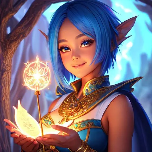 Prompt: oil painting, fantasy, Pixie girl, tanned-skinned-female, beautiful, short bright blue hair, straight hair, rosy cheeks, smiling, looking at the viewer, summoner wearing intricate robes casting a spell, #3238, UHD, hd , 8k eyes, detailed face, big anime dreamy eyes, 8k eyes, intricate details, insanely detailed, masterpiece, cinematic lighting, 8k, complementary colors, golden ratio, octane render, volumetric lighting, unreal 5, artwork, concept art, cover, top model, light on hair colorful glamourous hyperdetailed medieval city background, intricate hyperdetailed breathtaking colorful glamorous scenic view landscape, ultra-fine details, hyper-focused, deep colors, dramatic lighting, ambient lighting god rays, flowers, garden | by sakimi chan, artgerm, wlop, pixiv, tumblr, instagram, deviantart