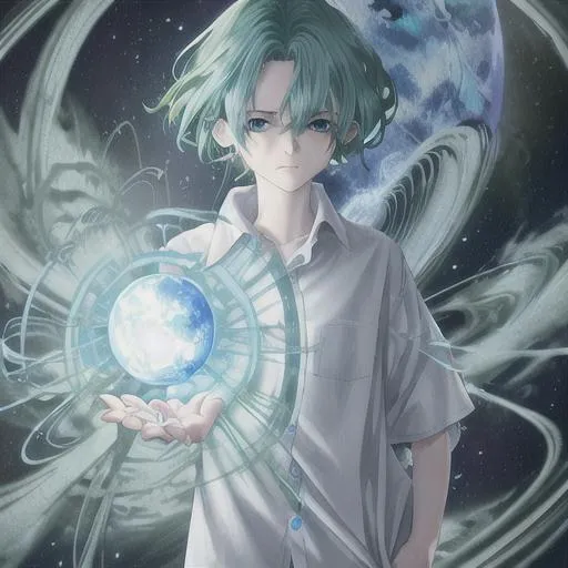 Prompt: Blue and green hair, cute woman, baggy white shirt, holding a planet, both hands holding, looking at hands, best quality, high quality, 64k, high res, focus, no backround, half hair green, half hair blue, worried, frown, blue eyes