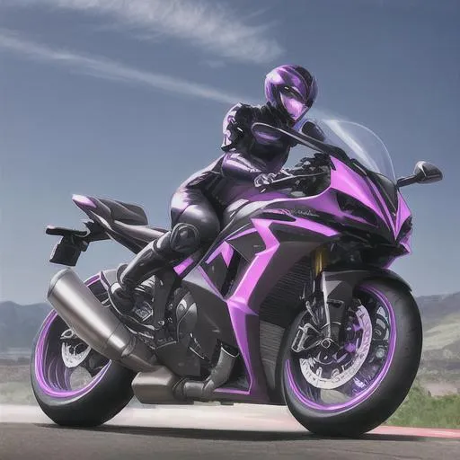 Prompt: Futuristic robot, agile, dangerous, purple eyes, realistic, exposed mechanics, strong, full body picture, riding motorcycle