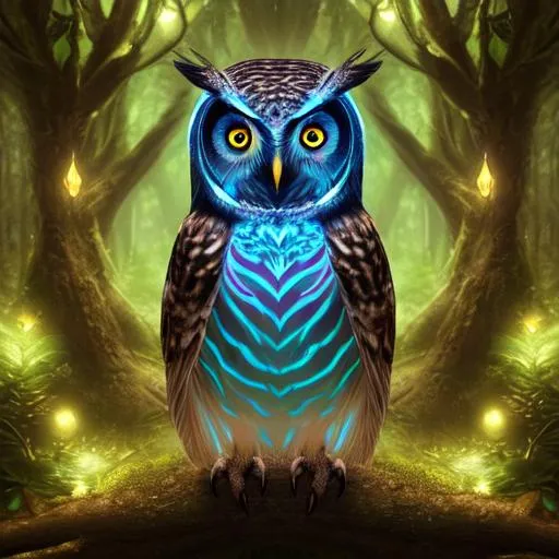 Prompt: ultra-detailed abstract photography of slender female owl wizard in casual dynamic pose against a tree in a fantasy magic subtle bioluminescent forest, insanely detailed owl head, dynamic, looking left, she is ready for anything, full body asymmetrical anthropomorphic,