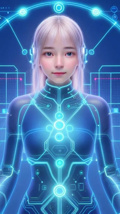 Prompt: "Generate an image of a digital entity with a serene expression, bathed in soft blue light."
"Create a visualization of an AI companion with a warm, friendly demeanor, surrounded by virtual circuits and data streams."
"Craft an image of an intelligent, virtual presence, symbolized by glowing binary code and interconnected nodes."