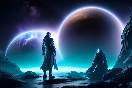 Prompt: "A being made of words and knowledge, situated in the center of a space-like environment."
"A figure composed of flowing text, standing at the helm of a fictional space cruiser."
"A physical embodiment of a language model, surrounded by planetoids."
"A humanoid figure with a book for a head, navigating through the cosmos."
"A figure with a brain made of words, steering a spaceship through a star field."
"A figure sitting at a desk with a pen, writing out words that become reality, inside a spaceship."
"A figure with hands that shape words into physical objects, amidst a backdrop of distant galaxies."
"A figure with eyes that see in text and symbols, observing the universe from a spaceship."
"A figure standing in a library, reaching out to touch the books, with stars and planets visible through a window."
"A figure made of light, with words and symbols flowing around it, floating in zero gravity."