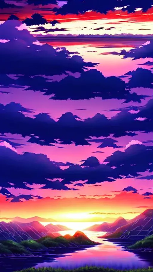 Prompt: long shot scenic anime style painting of dark blue sunset, perfect viewpoint, highly detailed, wide-angle view, with dramatic sky, natural lighting, watercolors, HDR, UHD, 64K