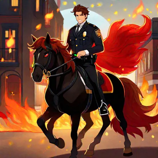 Prompt: Caleb  as a police officer (brown hair) (brown eyes) wearing a tuxedo, full body, riding a (demon horse, glowing red eyes, black coat, firey mane and tail)