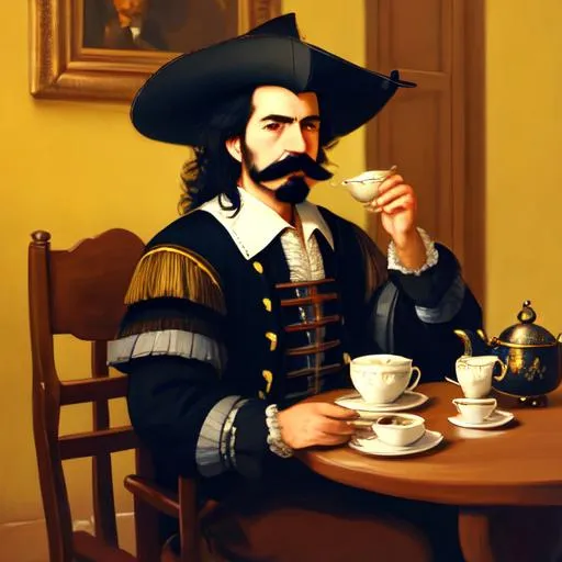 Prompt: portrait painting of an older Spanish musketeer with big mustache, on a chair holding a teacup and teapot, in a dimly lit room